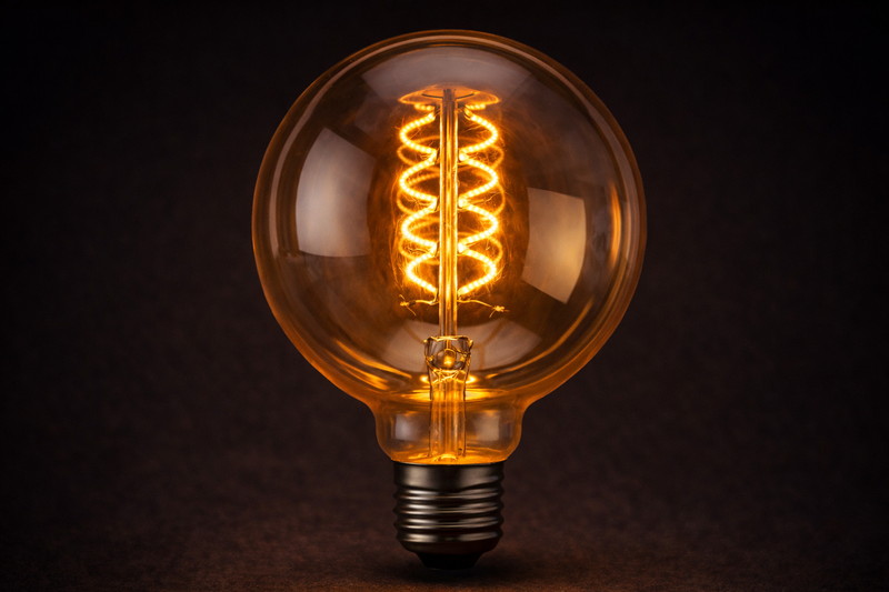 A close-up studio shot of a lit G125 bulb with a complex double-helix spiral filament. The background is dark to show the golden glow