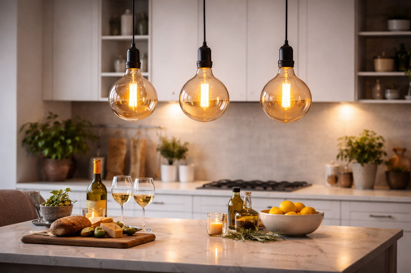 A styled kitchen island scene with three large G125 Globe bulbs hanging from simple black cords. The bulbs are warm amber and glowing softly