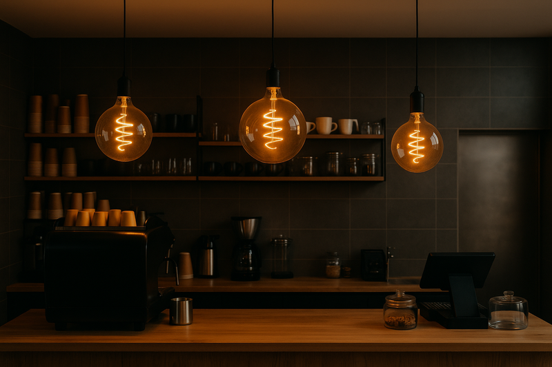 A modern coffee shop interior. Three large G125 spiral filament bulbs hang over the counter at different heights. They look like glowing planets.