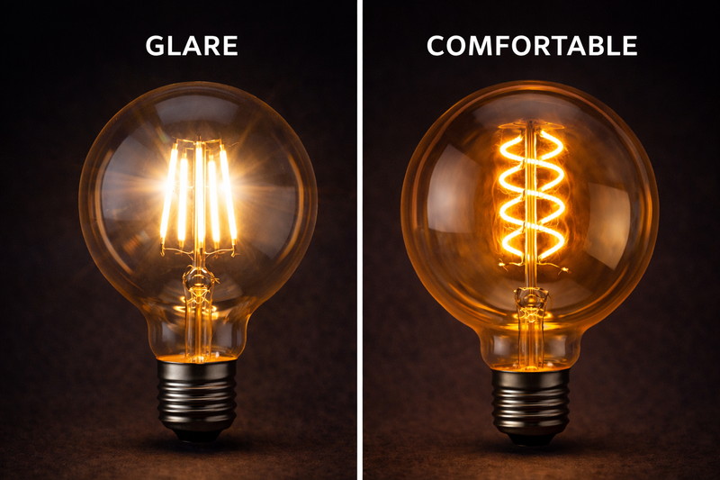 A side-by-side comparison. Left: A standard bulb with 4 straight sticks creating glare. Right: A spiral bulb with a smooth, even glow.