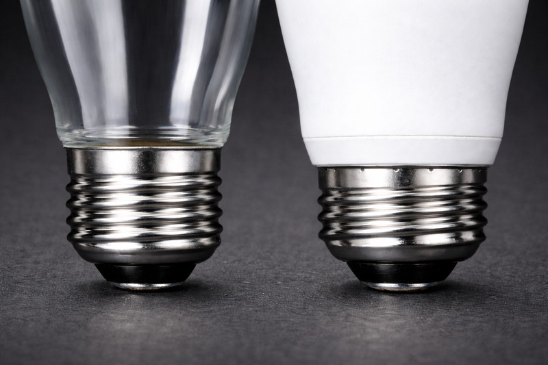 A close-up of the "screw base" area of a bulb. It shows the seamless transition from the metal base to the glass. Next to it, a plastic bulb shows a visible seam line.