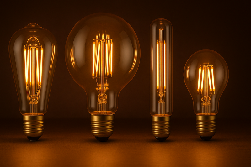 A family photo of the Hongyu Vintage Collection. It shows the ST64, G125, T30, and A60 bulbs all lit up together, displaying a uniform warm amber glow.