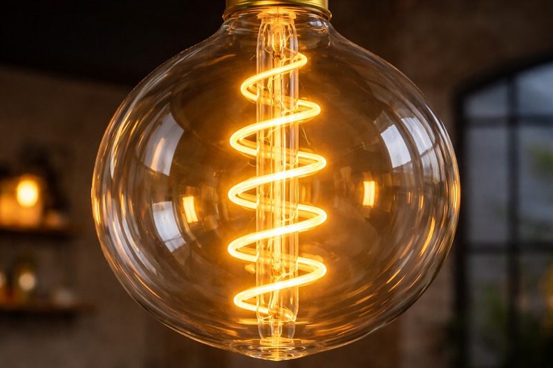 Filling the Void Close up of a Hongyu Giant Bulb. You can see the glass stem in the middle rising up, supporting a long spiral filament that fills the whole glass body.