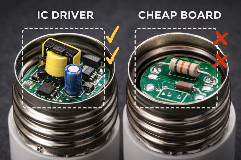 A tear-down image of the bulb base. It shows the small PCB board with a transformer and capacitor (IC Driver) versus a cheap board with just a resistor.
