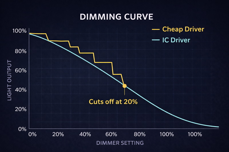 Stable Dimming Matters A graphic showing a dimming curve. The "Cheap Driver" line is jagged and cuts off at 20%. The "IC Driver" line is smooth all the way to 0%.