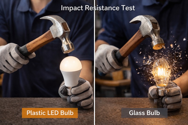 A technician hitting a plastic LED bulb with a hammer to demonstrate durability, contrasted with a shattered glass bulb.