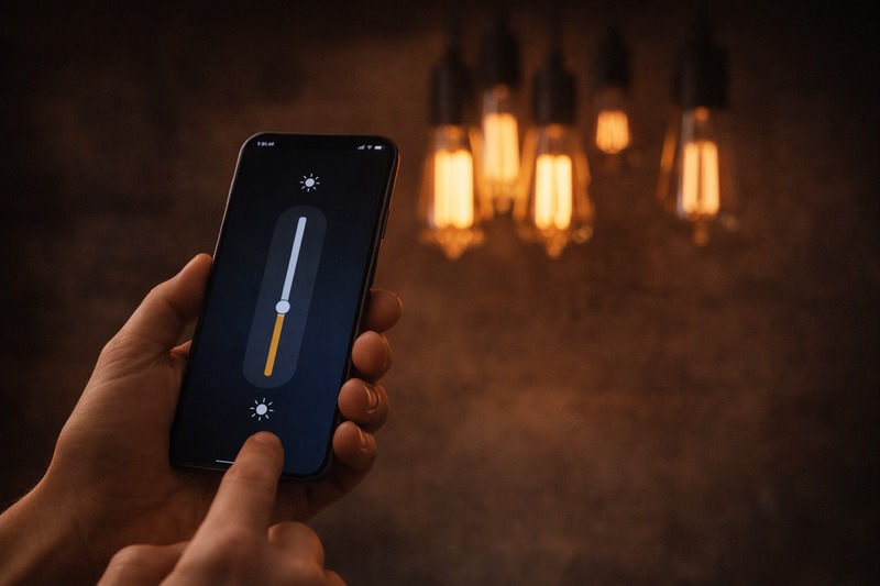 A hand holding a smartphone adjusting a slider. In the background, a cluster of amber filament bulbs dims down. No white plastic base is visible on the bulbs.