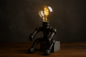 A robot-shaped table lamp made entirely of black iron plumbing pipes. The "head" of the robot is a clear glass G95 spiral filament bulb