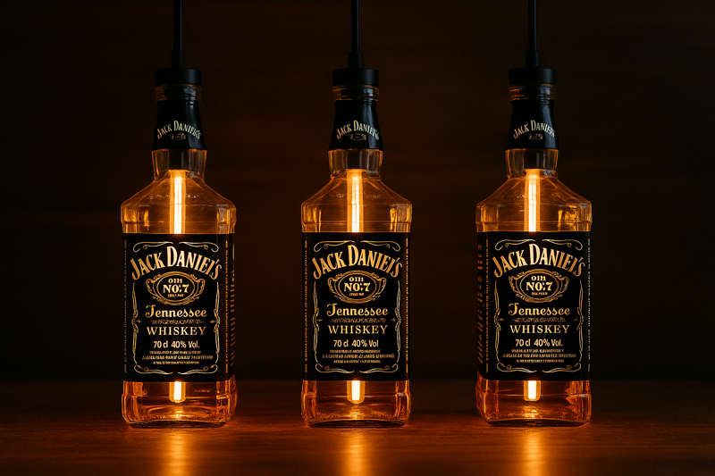 A row of three Jack Daniels whiskey bottles hanging as pendant lights. Inside each bottle, a long glowing rod of light (T30 bulb) illuminates the amber glass.