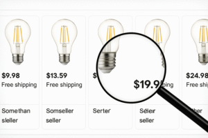 A screenshot of an online search result. It shows five different sellers using the exact same stock photo but with different prices. A magnifying glass icon highlights the confusing data