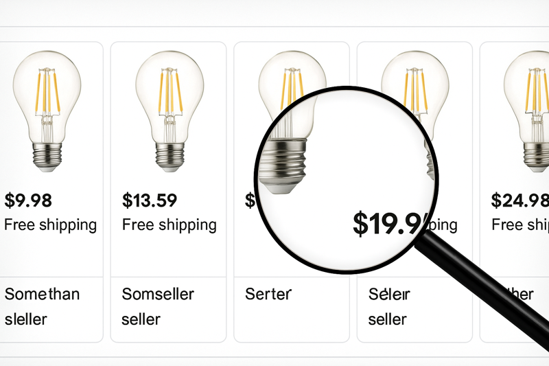 A screenshot of an online search result. It shows five different sellers using the exact same stock photo but with different prices. A magnifying glass icon highlights the confusing data
