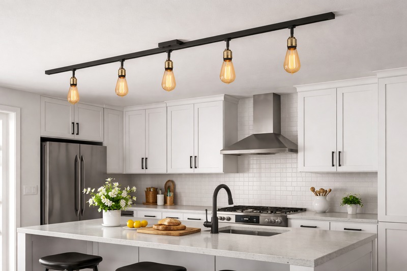 A modern kitchen with a black H-track system on the ceiling. Instead of spotlights, the track holds minimalist exposed sockets with glowing amber ST64 Edison bulbs