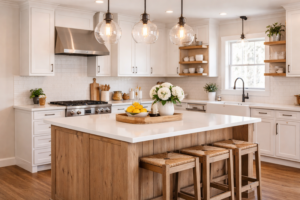A modern farmhouse kitchen with white cabinets and a wooden island. Above the island hang three glass pendant lights containing clear glass Edison bulbs. The light is warm but clear.