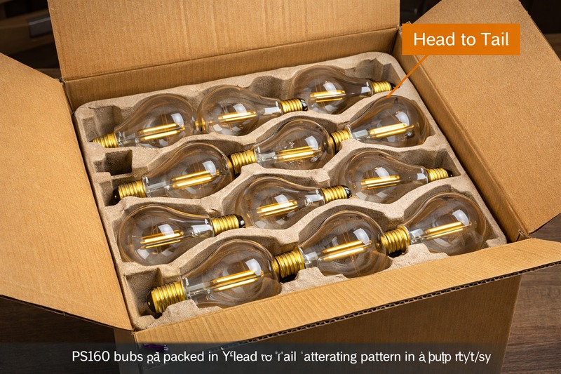 Packing Smart An image of an open master carton. It shows PS160 bulbs packed in a "Head to Tail" alternating pattern in a pulp tray to save space.