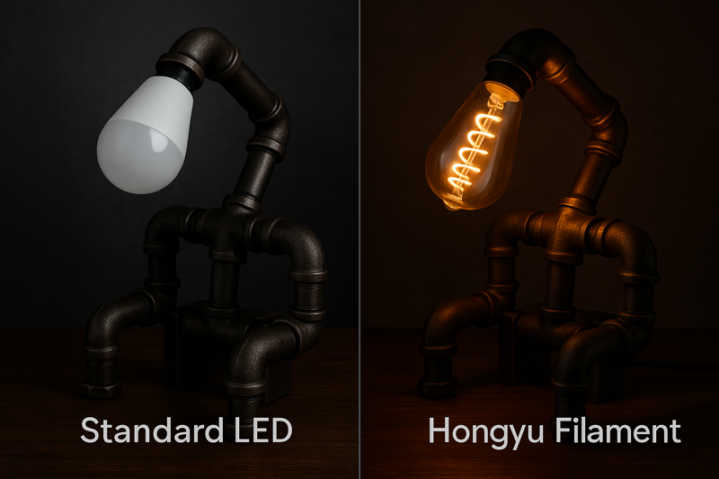 A split-screen comparison. On the left, a beautiful iron pipe lamp ruined by a white plastic standard LED bulb. On the right, the same lamp glowing warmly with a Hongyu ST64 spiral filament bulb.
