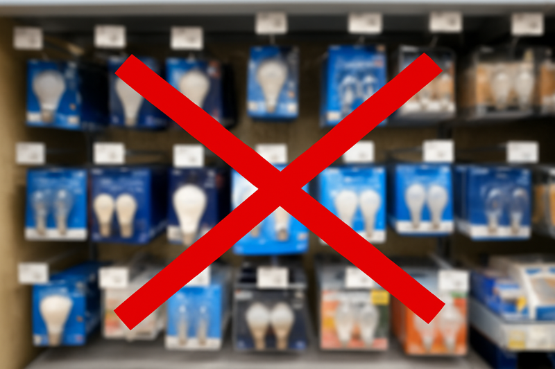 A photo of a generic retail shelf aisle. It is cluttered with plastic packaging. The bulbs all look the same. A red 'X' is superimposed over it.