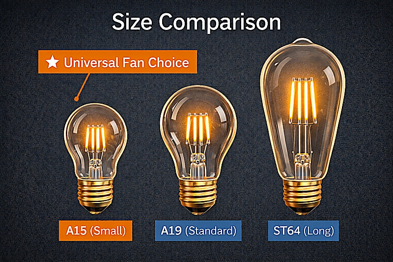 Size Matters A size comparison chart: A15 (Small), A19 (Standard), and ST64 (Long). The A15 is highlighted as the "Universal Fan Choice".