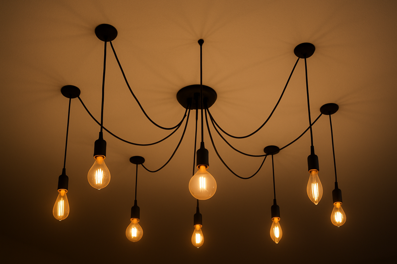 A ceiling shot of a "Spider Chandelier." Eight black wires drape from a central point, each ending in a glowing filament bulb. The color of every bulb is identical.