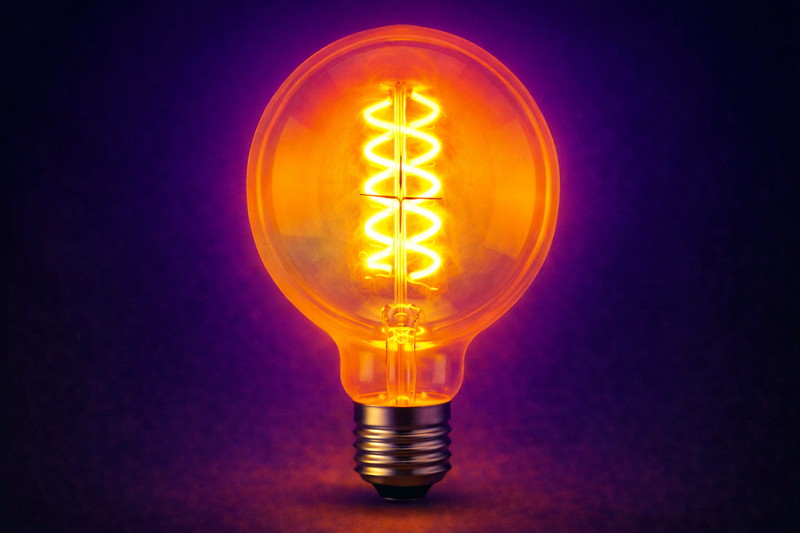 A thermal camera image of a spiral bulb. This heat map shows the filament glowing hot, but the heat spreading evenly to the glass surface thanks to Helium.