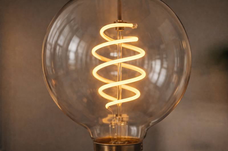 Close-up of a spiral filament bulb. The yellow LED strip coils like a spring inside the clear glass. It looks elegant and soft, not rigid.