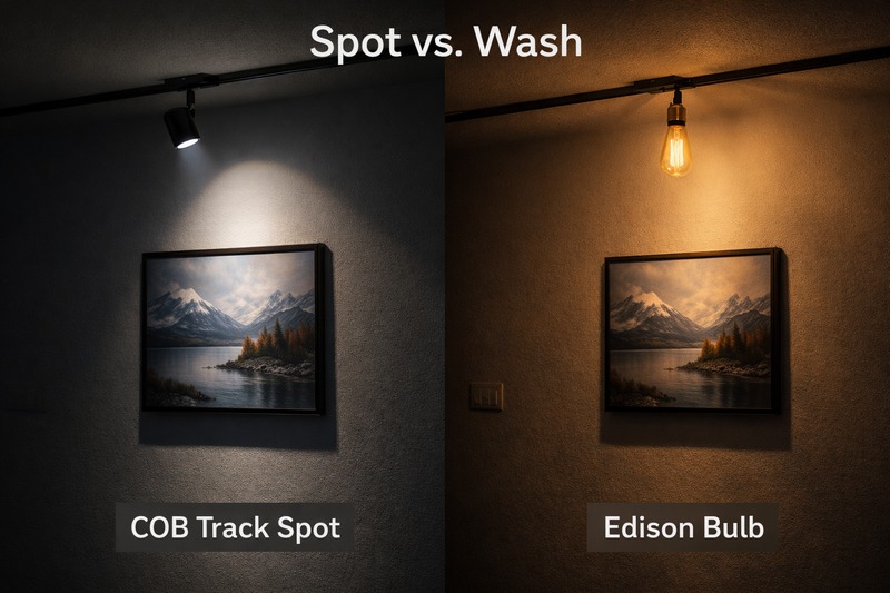 A comparison diagram. Left: A COB track spot hitting a painting (focused). Right: An Edison bulb on a track (light scattering everywhere).