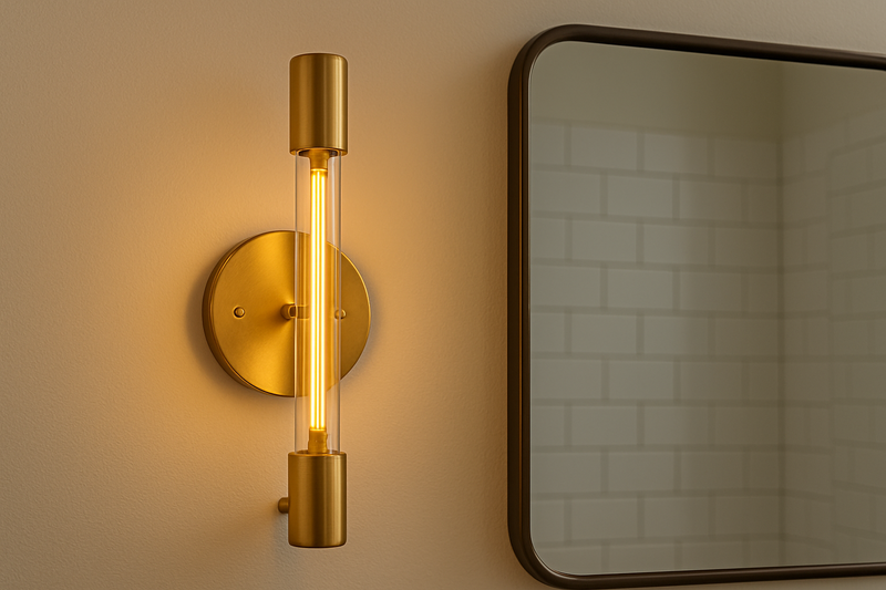 A sleek brass wall sconce next to a bathroom mirror. A long, thin T30 bulb glows inside it, casting even light up and down.