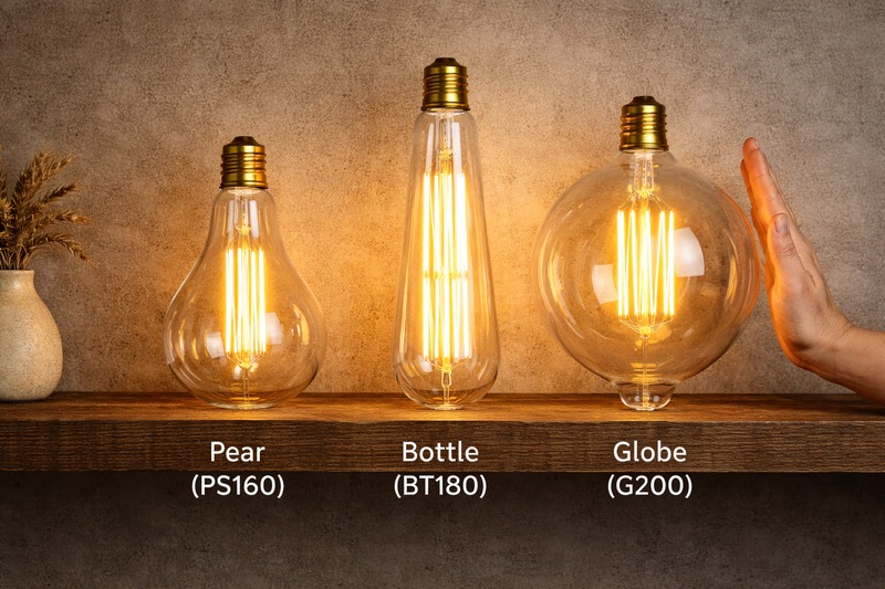 The Big Three A lineup of the three main giants on a wooden shelf: The wide Pear (PS160), the tall Bottle (BT180), and the huge Globe (G200). A hand is in the frame to show scale.