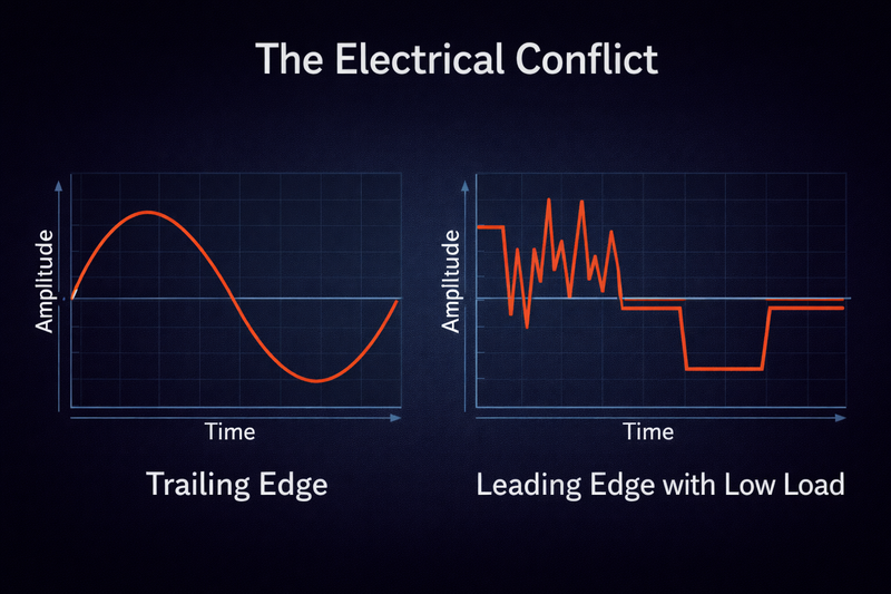 An infographic showing a dimmer switch waveform. A smooth wave for "Trailing Edge" vs a jagged, confused wave for "Leading Edge" with low load.