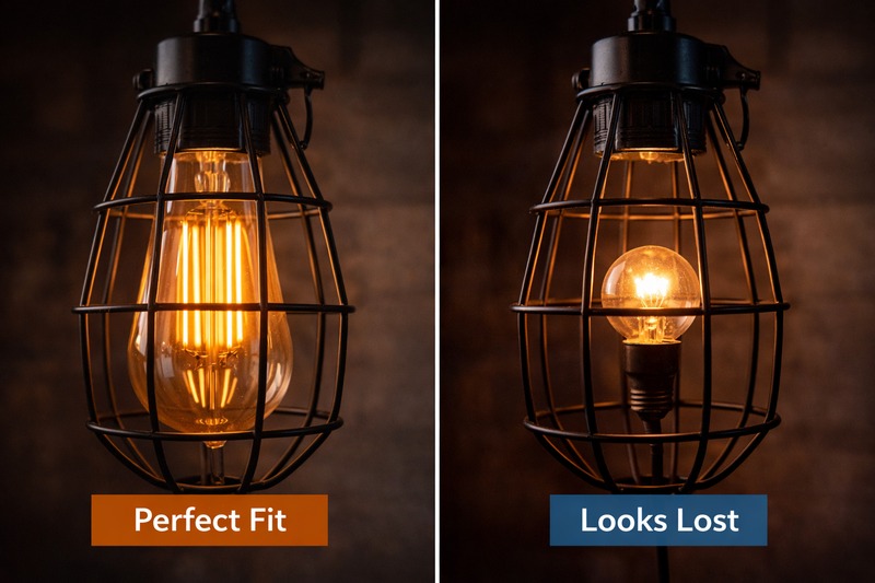 A close-up photo of a black wire "trouble light" cage. Inside fits a long ST64 bulb perfectly. Another photo shows a small round bulb looking lost inside the same cage.