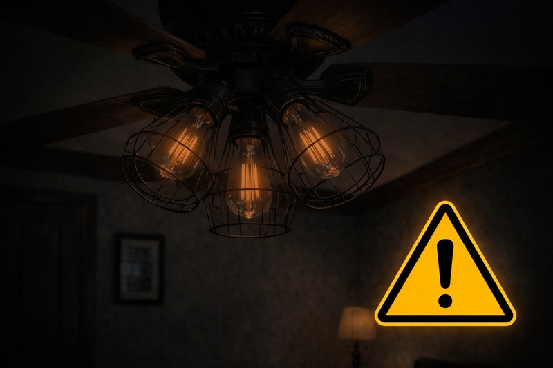 The Ghost Light A photo of a dark room with a ceiling fan. The bulbs are faintly glowing ghostly orange even though the switch is off. A warning icon overlay.