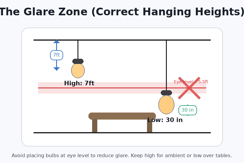 A diagram showing the correct hanging heights. One bulb is high up (7ft). One is low over a table (30 inches). A red 'X' creates a zone at eye level (5.5ft).