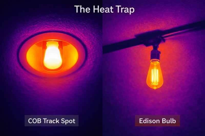 A thermal camera image comparison. One bulb is inside a canister (red/white hot). One bulb is in an open socket (orange/cool).