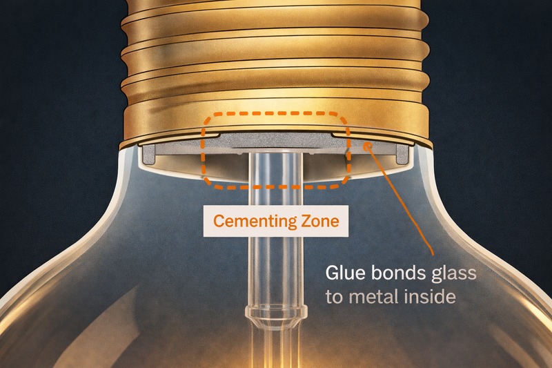 The Hidden Glue A technical diagram showing the cross-section of the bulb base. It highlights the "cementing zone" where the glue bonds the glass to the metal.