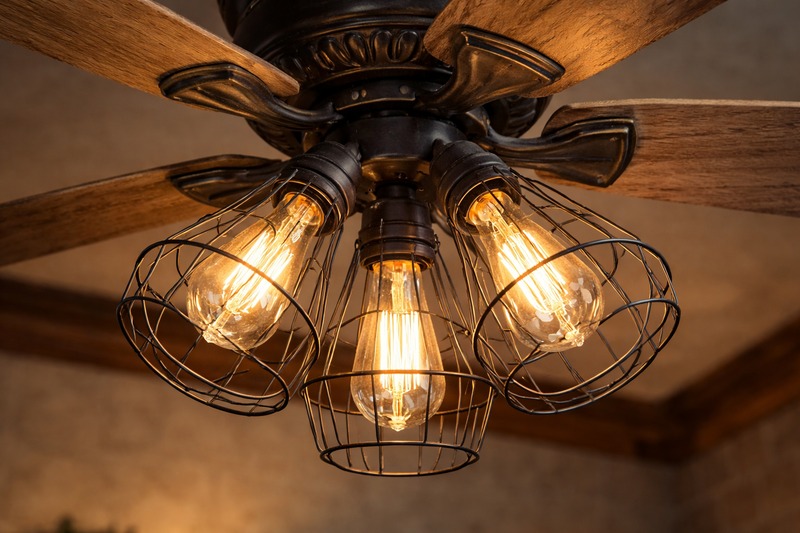A close-up of a rustic ceiling fan with a wire cage light kit. It features three glowing Edison ST64 bulbs that fit perfectly inside the cages