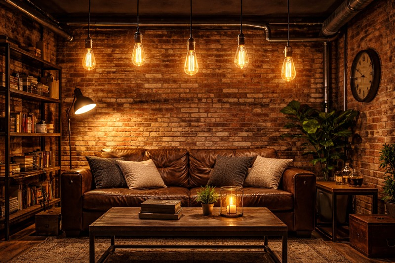 A rugged industrial loft with exposed red brick walls and black metal pipes. Warm, glowing ST64 amber bulbs hang from the ceiling, casting a cozy golden light on a leather sofa