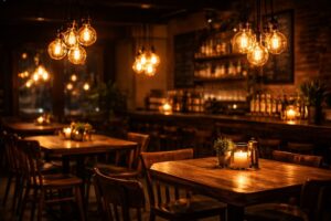 A cozy cafe interior at night. Wooden tables are illuminated by low-hanging clusters of glowing amber G125 globe bulbs. The background is dark, highlighting the warm light