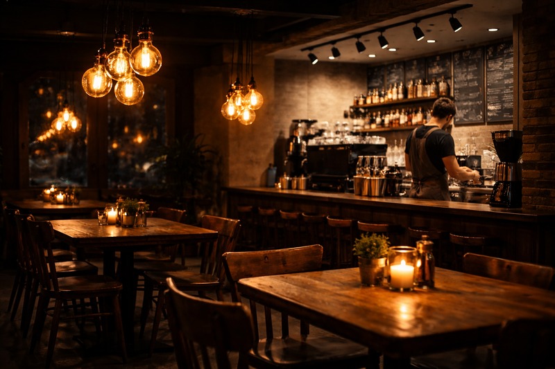 A photo of a coffee counter. The Barista is working under bright track lights. The foreground tables are lit by soft vintage pendants. The contrast is visible.