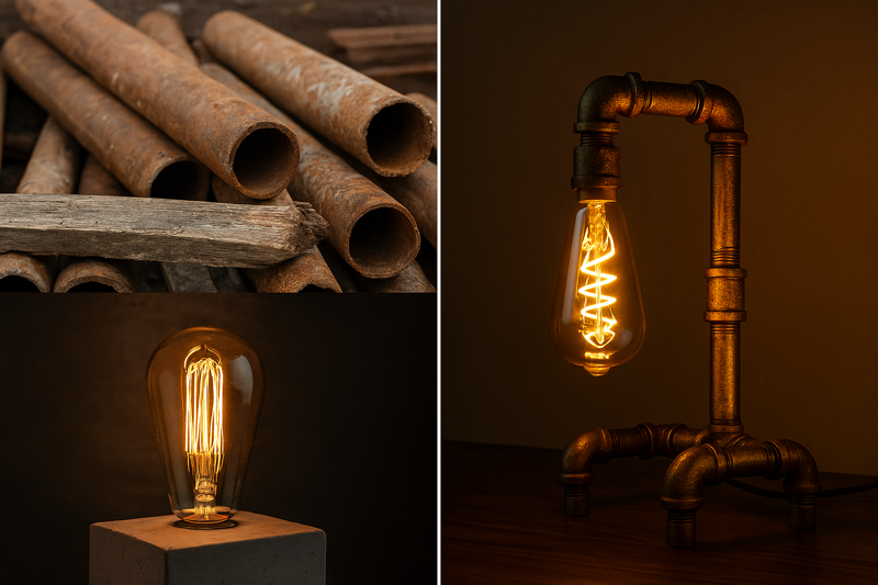 A split screen image. Left side: A pile of rusty iron pipes and old wooden beams. Right side: A stunning, high-end desk lamp made from those same pipes with a glowing Hongyu ST64 bulb.