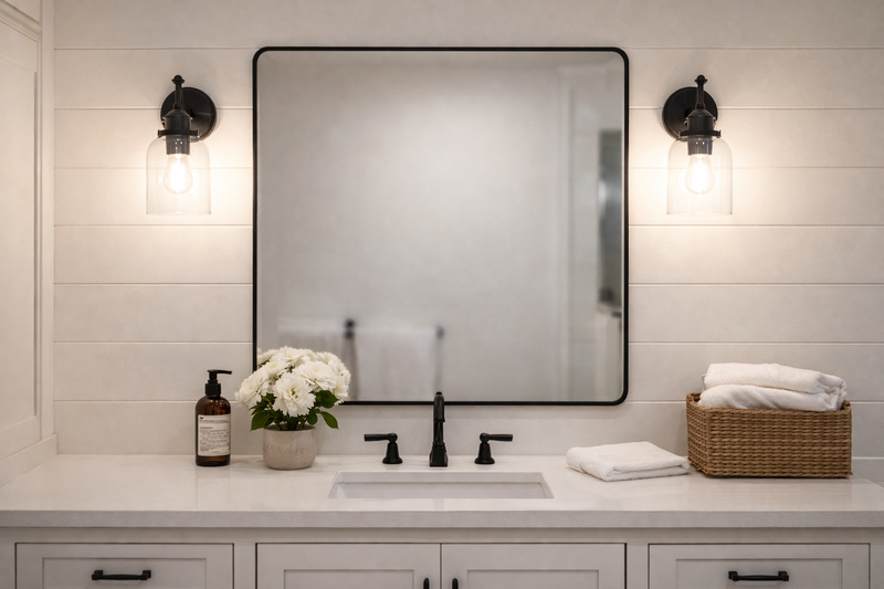 A modern farmhouse bathroom vanity. A mirror with black sconces on either side. The bulbs are bright and clear, illuminating the sink area well.