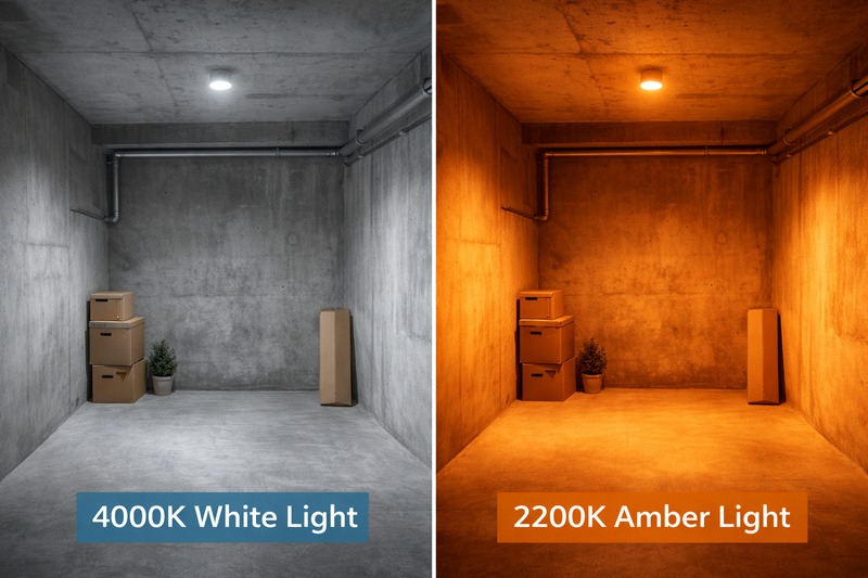 A split image comparison. Left side: A concrete room with 4000K white light (looks cold/harsh). Right side: The same room with 2200K amber light (looks inviting/rich).