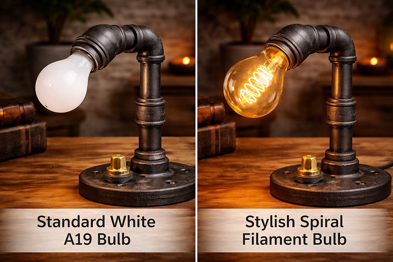 Comparison photo: A pipe lamp with a standard white A19 bulb (looking ugly) vs. the same lamp with a gold-tinted G80 Spiral filament bulb (looking stylish).