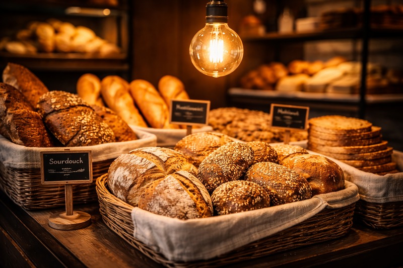 A display of freshly baked bread in a bakery. Above the bread is a warm G125 globe bulb. The bread crust looks golden and crispy under the warm light.