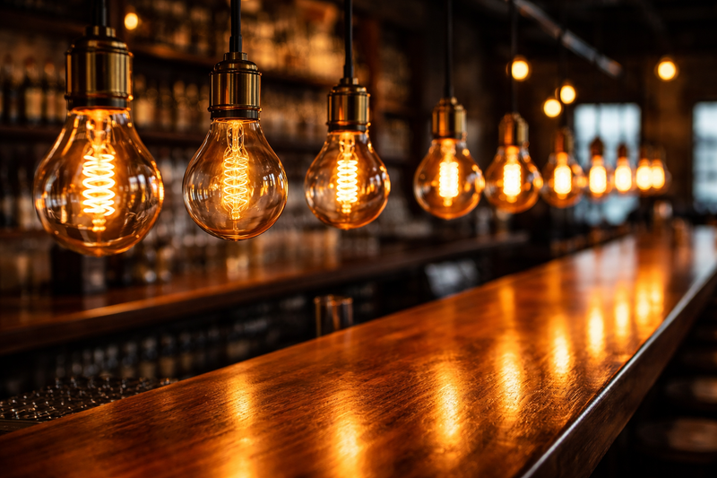 A close-up of a row of amber glass Edison bulbs hanging over a polished wooden bar top. The filaments are glowing in a spiral pattern.