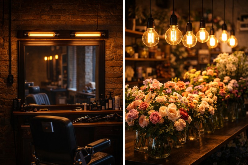 A split image. Left: A barbershop with tubular bulbs (masculine). Right: A flower shop with round globe bulbs (feminine).
