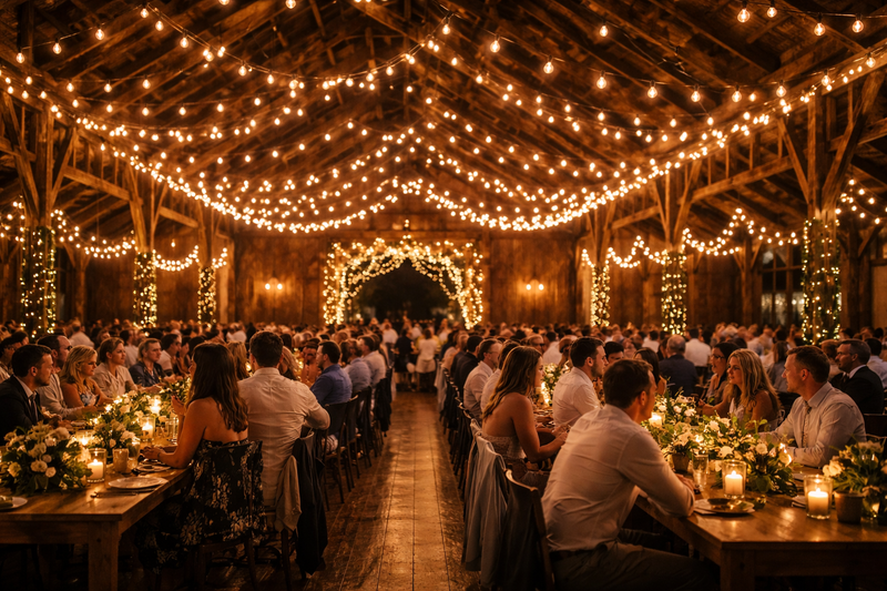 A rustic barn wedding reception. Hundreds of string lights with Edison bulbs drape from the wooden beams, creating a canopy of warm starlight above the guests.