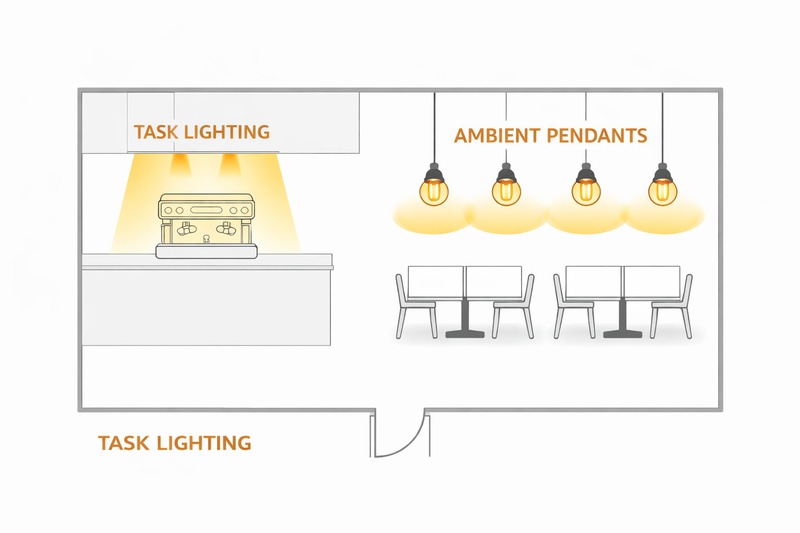 A lighting diagram of a cafe floor plan. It shows 'Task Lighting' over the espresso machine, and 'Ambient Pendants' over the customer tables.