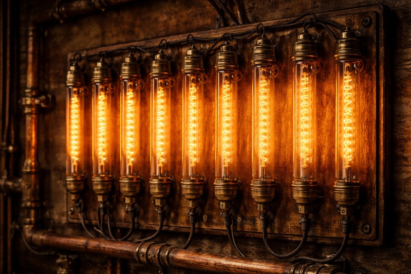 A collection of tubular bulbs mounted vertically on a wooden board. They look like a row of glowing test tubes or fuses in an old power box.