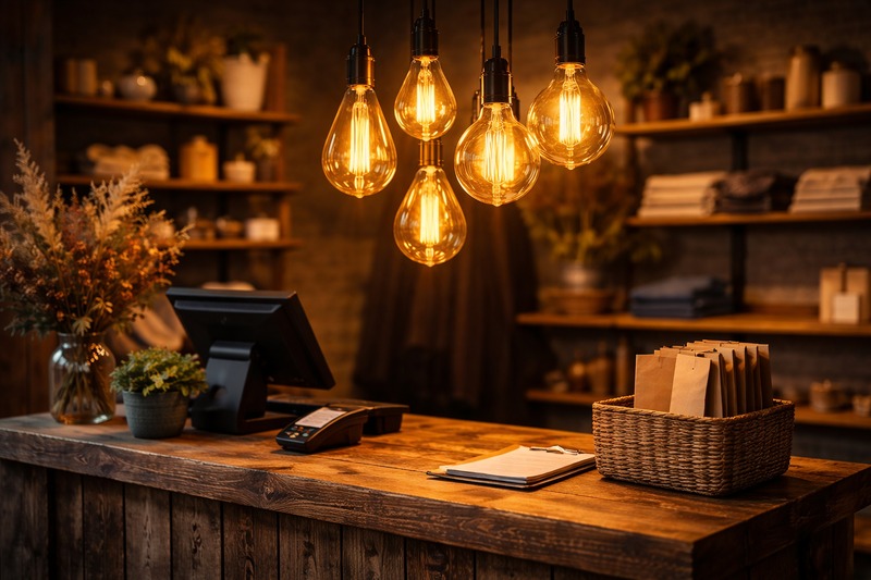 A view of a checkout counter made of reclaimed wood. Above it hangs a stunning chandelier made of 5 different shaped, large amber bulbs.