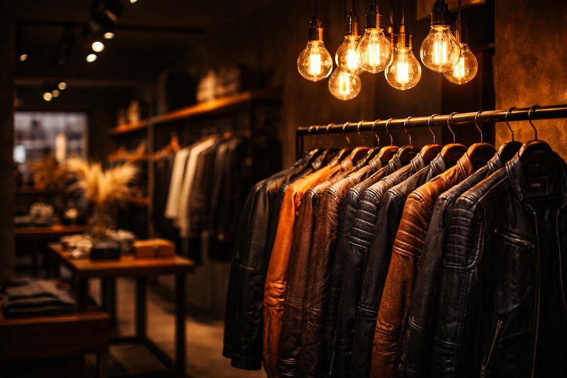 A chic clothing boutique interior. The general store is dimly lit, but a rack of leather jackets is illuminated by a cluster of dangling Edison bulbs, making the leather texture pop