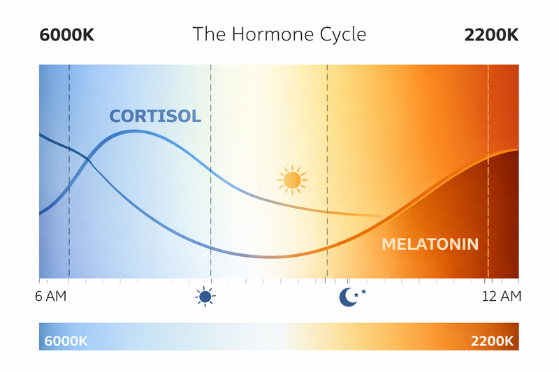 Graph showing Cortisol and Melatonin levels throughout the day overlaid with a color temperature scale from 6000K down to 2200K.